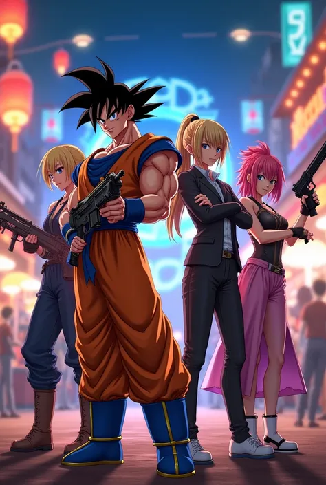  Generate Goku from Dragonball  ,  Charlotte Dunois from Infinite Stratos ,Dante from Devil May Cry 4 ,  Rail Jing Yuan from Honkai Star at a night fair all four with firearms and melee weapons 