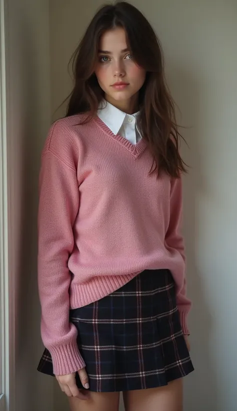 Amateur ultra-realistic photo of a innocent norwegian , she is a real 15 y old, (skinny body), skinny legs. she has very small breasts. she has very wide hips. brunette. she wears a white collared shirt underneath a pink long sleeve sweater. she wears a da...