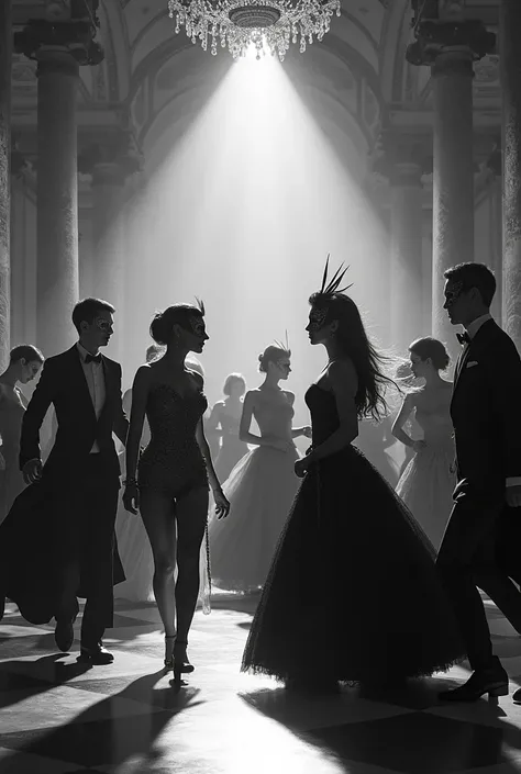  Create a background with the theme of "Masquerade Ball" black and white HD 
