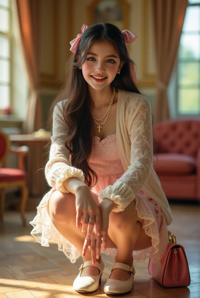 Realistic, photo, full body, smile, squat, cinematic light,  girl, glamorous young girl, 18 year old, very pale white skin, wearing brand-name pastel lace cardigan, hum ruffle skirt, Mary Jane shoes, very long dark brown hair, ribbon on hair, pearl necklac...