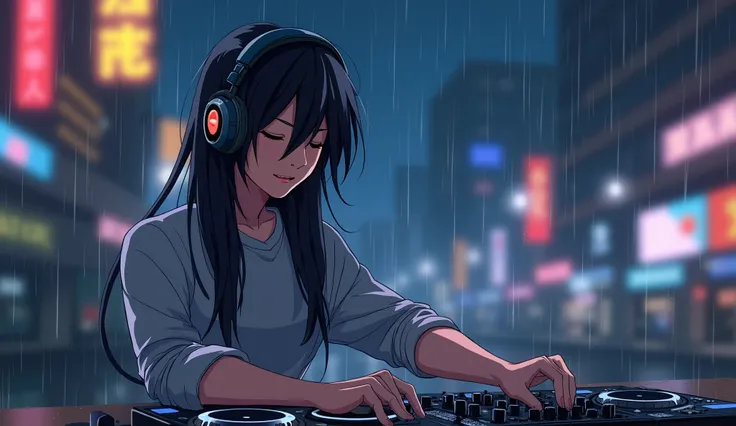 anime style, a male character DJ with long black hair, relaxed pose, closed eyes, wearing headphones, rainy city night background, soft lighting, reflective surfaces, happy mood, digital painting, pastel colors, blurred background cake color, cinematic fee...