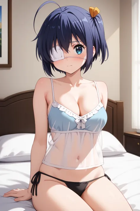 masterpiece,best quality,{{detailed beautiful face and eyes}}, very detailed background,
Rikka Takanashi,{{{megami magazine}}},short hair,black hair,ahoge,one side up,eyepatch,medical eyepatch,blue eyes,medium breasts,
(black see-through camisole:1.2), cle...