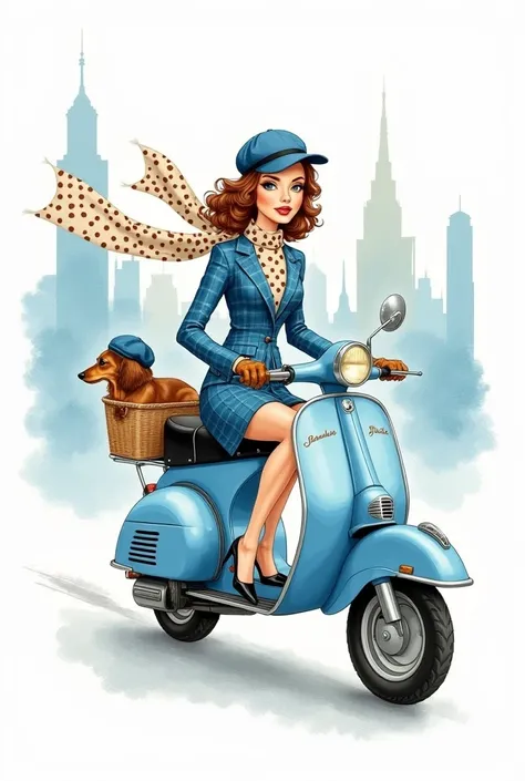 "A stylish and whimsical watercolor illustration of a fashionable woman riding a vintage blue scooter through a cityscape. She wears a chic blue plaid outfit, black heels, and brown gloves. Her long, flowing polka-dotted scarf flutters in the wind, adding ...