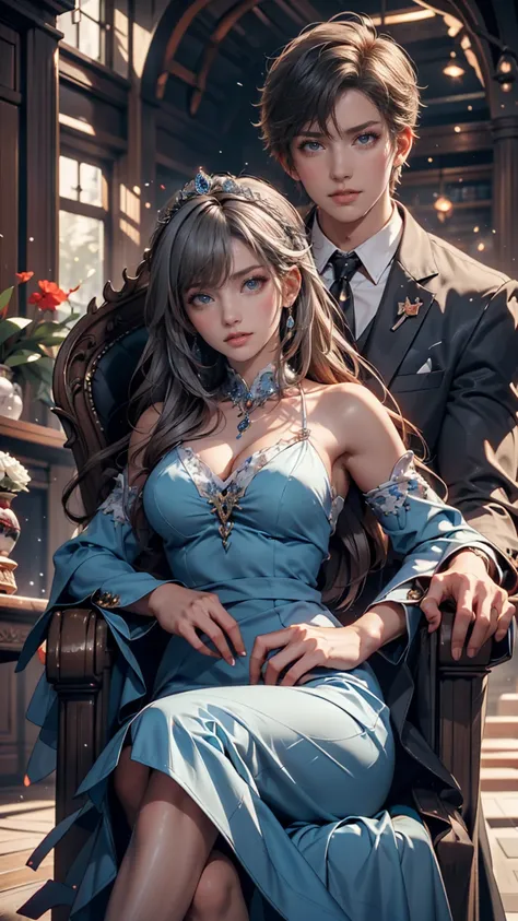 Two people in formal attire posing for a photograph,  WLOP and Sakimichan, guweiz style art, Urop and Rostran, Wlop and Andrei Riabovitchev,   of a woman in a blue dress sitting on a throne , Loish and wlop, Knight and Princess,  Loisch and Ross Tran , Gra...