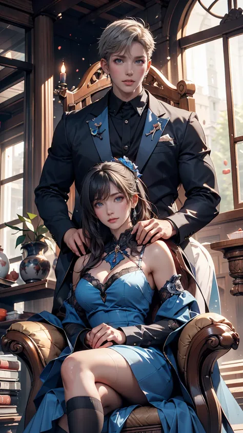 Two people in formal attire posing for a photograph,  WLOP and Sakimichan, guweiz style art, Urop and Rostran, Wlop and Andrei Riabovitchev,   of a woman in a blue dress sitting on a throne , Loish and wlop, Knight and Princess,  Loisch and Ross Tran , Gra...