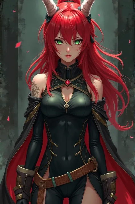 Girl with long red hair and green eyes wearing an anime-style demon hunter uniform Kimetsu no Yaiba