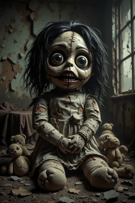 Old lonely bedroom. Walls falling apart. Filthy run down room with toys. One large sad, creepy, morbid, disgusting rag of a doll stands in an iconic stance. It has dark hair and is torn, dirty fabric of a body comes apart at the seams. Stuffing can be seen...