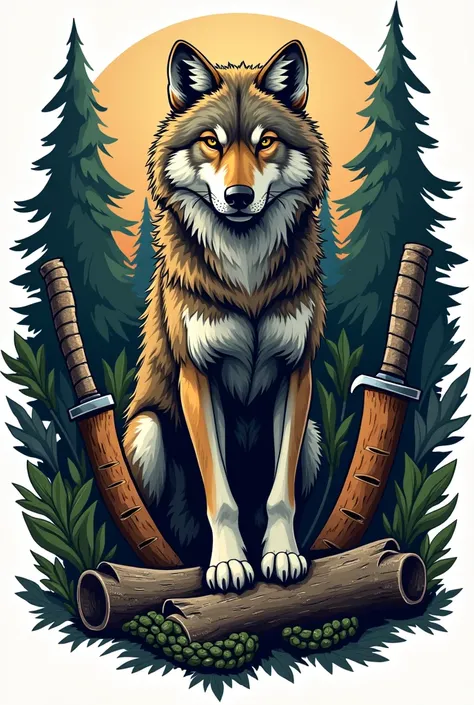 Create a logo of a wolf and surrounding Bushcraft tools