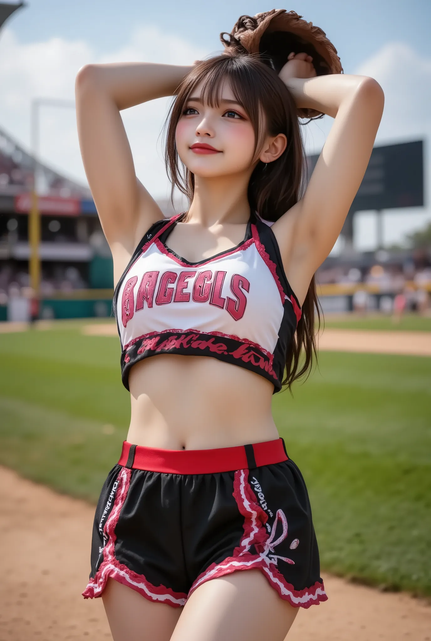 natural photorealistic,1girl\(smily,Looking up,cheerleaders outfit\(Baseball glove on left hand, hands up,arms raised in air),stunding\),cowboy shot,((extreme close up under arms)),baseball stadium background,masterpiece, best quality 