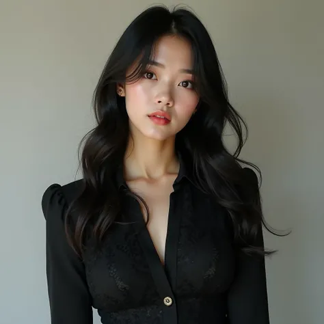 " K-pop style woman   &#39;         Realistic image of a beautiful Korean woman    , length,     My black, wavy hair is parted in the center. I'm wearing a black lace dress、 wearing a shirt、最高 quality,  quality,     super real 、Super realistic top  quality...