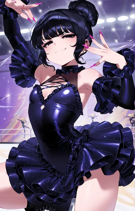 (sfw:1.5), gyaru, cool beauty, solo girl ,frilled glitter black costume, figure_skating, black hair, single hair bun, small breast, serious, smug, jump, afterimage, perspective