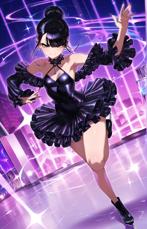 (sfw:1.5), gyaru, cool beauty, solo girl ,frilled glitter black costume, figure_skating, black hair, single hair bun, small breast, serious, smug, jump, afterimage, perspective