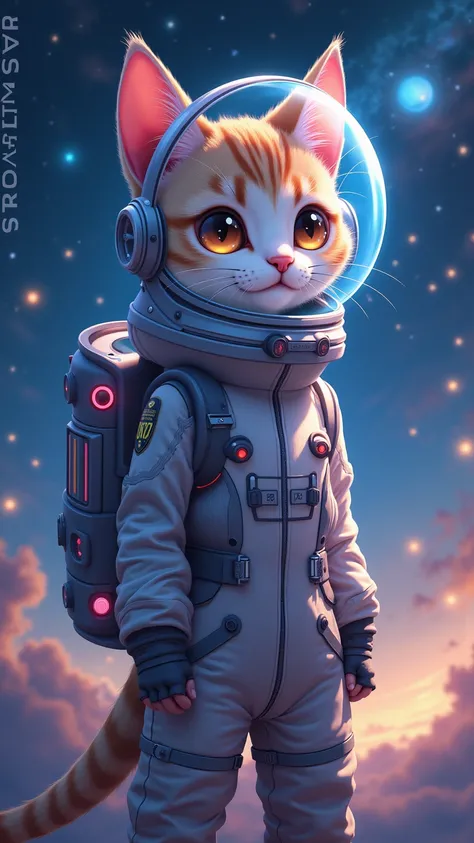 Create an image of a cat wearing an anime-style space coat

