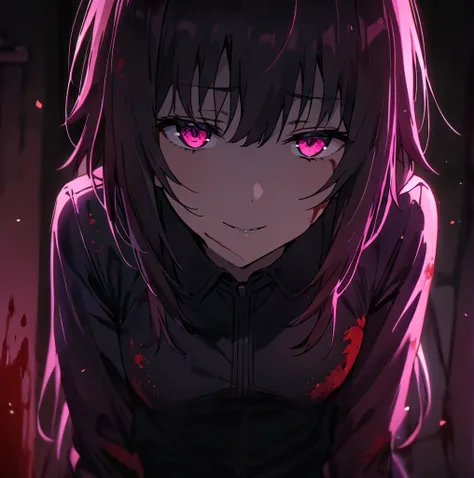 Yuno Gasai, dark room, Blood-stained clothing  ,   looking at the observer,   high resolution,   masterpiece,  shot at eye level,  seductive smile, 