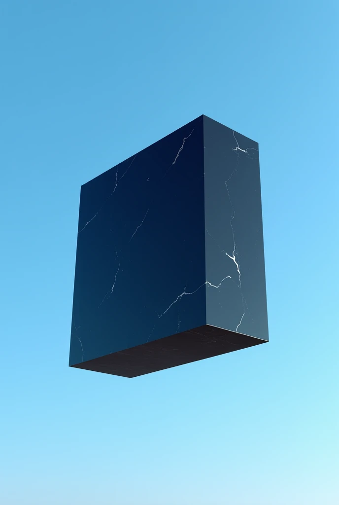 Black marble block suspended under a blue sky 