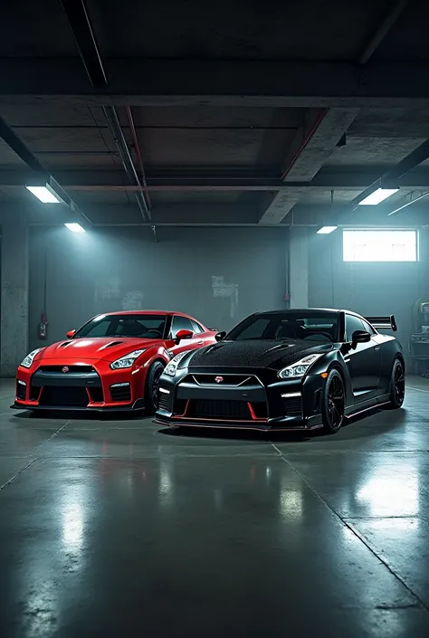 Nija H2R and Nissan R34 in garage