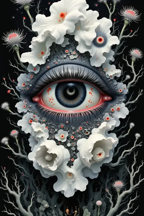  eye close-up ,   Surrounded by entwined branches and flying crows   (Hu Jin and Mu Ning  ).  in the pupil of the eye  ,   Mirnier's reflection projected a golden glow .   tattoo pattern with hazy ， decorated with subtle runes  .  black and white . 

  cam...