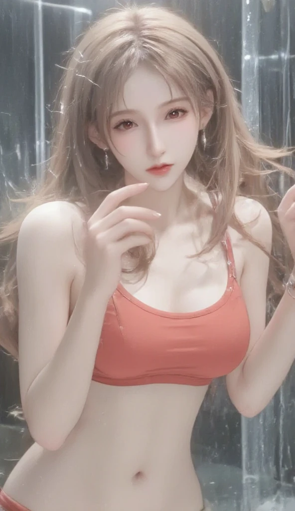 SFW, Japanese woman,  pretty girl, gal,(((Competitive Swimwear))),(( chest closeup)), Beautiful Eyes 、Shortwave Wave ,Baby Face,  highest quality realistic skin ,  Eye Focus , 20 years old, ((( She holds her hands and chest against the glass))),(( standing...