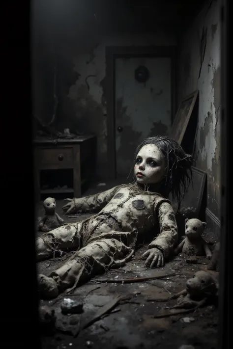 Old lonely bedroom. Walls falling apart. Filthy run down room with toys. One large sad, creepy, morbid, disgusting rag of a doll lays on the filthy floor. Patches of dark hair on its head. Its torn, dirty fabric body comes apart at the seams. Stuffing can ...