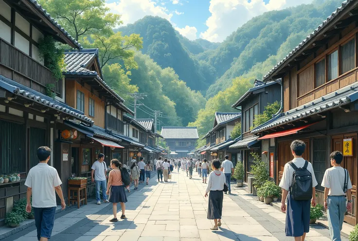  teeth、 depicts a street scene with people walking down the street, ,   Japanese Street , Japanese Village,  Japanese cities , hiroya oku painterly, Japanese countryside, Inspired by Kawase Hasui, Japanese painting style, Japanese watercolor painting,  det...