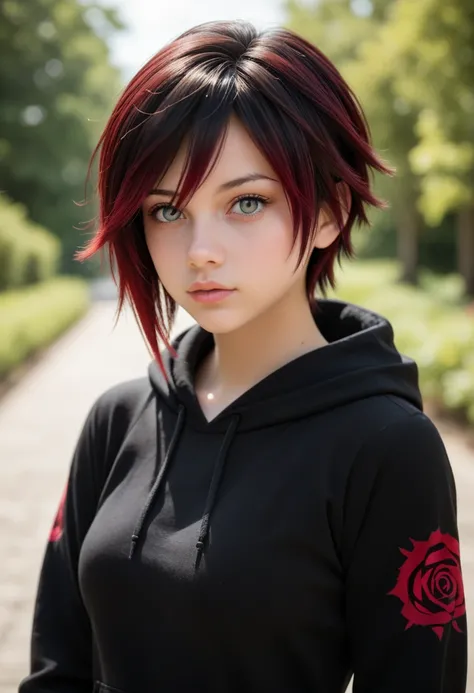 jluby, score_9, score_7_up, 1girl, solo, breasts, black hoodie, depth of field, portrait, looking at viewer, grey eyes, ruby rose