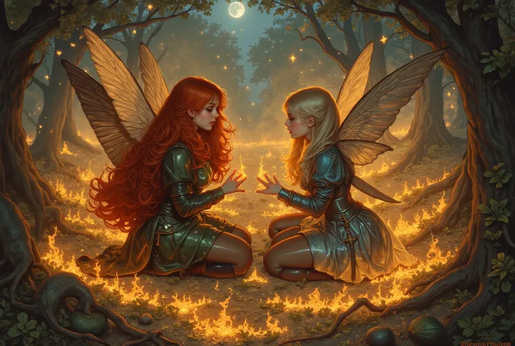  Create an illustration with two medieval fairies .  One of them is redhead , with fire magic ,  surrounded by flames and sparks . second blonde ,  with space magic ,  surrounded by stars and galaxies .  Both fairies are in a magical forest ,  surrounded b...