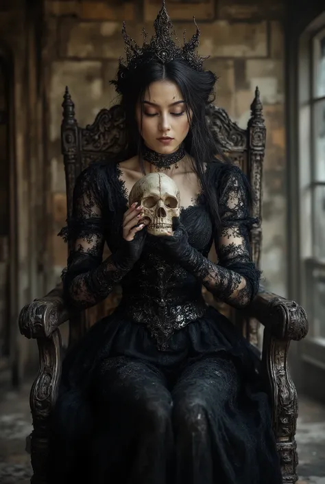 Love Beyond Time, High Quality, Gothic Horror, One Girl, Solo, Beautiful Woman, Queen of the Night, Dark Empress, Long Black Hair, Long Eyelashes, Closed Eyes, Narrow Face, Mole Under Eye, Moist Lips, Slim Body, Medieval European Black Dress, High Neck, Ch...
