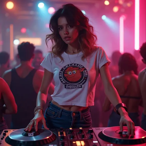 sexy female dj 80's with shorts and t shirt logo C+C