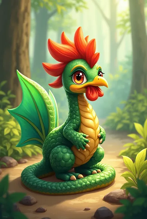 Portray me a basilisk in a cute concept art style, Try to make it a rooster with a snake's tail and green dragon wings 