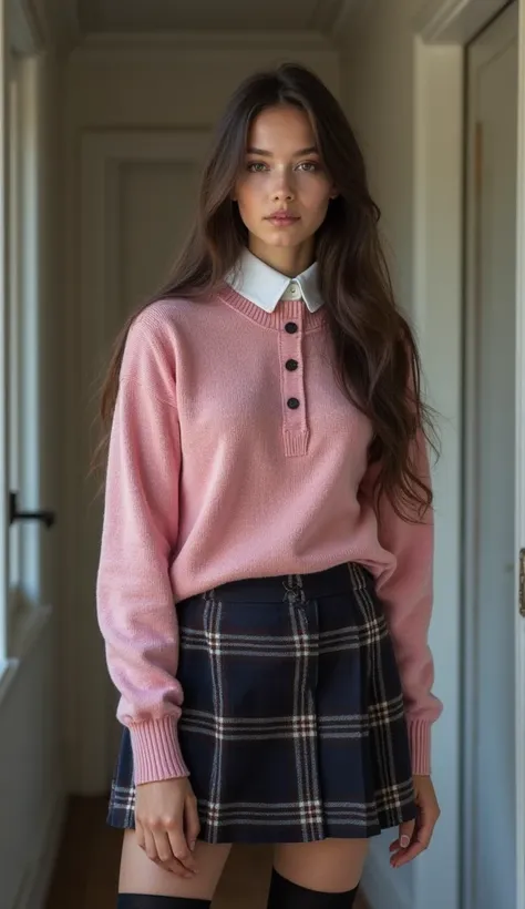 Amateur ultra-realistic photo of a innocent norwegian , she is a real 15 y old, (skinny body), skinny legs. she has very small breasts. she has very wide hips. brunette. she wears a white collared shirt underneath a pink long sleeve sweater. she wears a da...