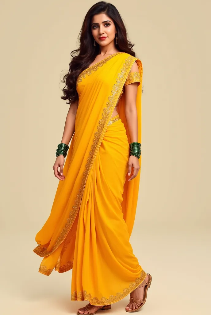 Front image Full 
Indian touch lady, wear normal yellow salwar or suit, light red lips, and brown sandels, long brown hair, green bangles, 