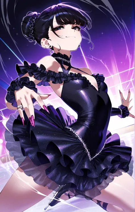 (sfw:1.5), gyaru, cool beauty, solo girl ,frilled glitter black costume, figure_skating, black hair, single hair bun, slender, small breast, serious, smug, jump, afterimage, perspective