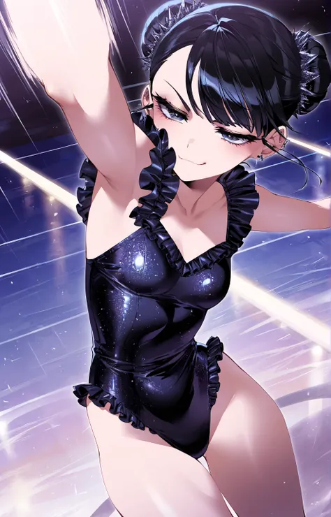 (sfw:1.5), gyaru, cool beauty, solo girl ,frilled glitter black leotard, figure_skating, black hair, single hair bun, slender, small breast, serious, smug, jump, afterimage, perspective