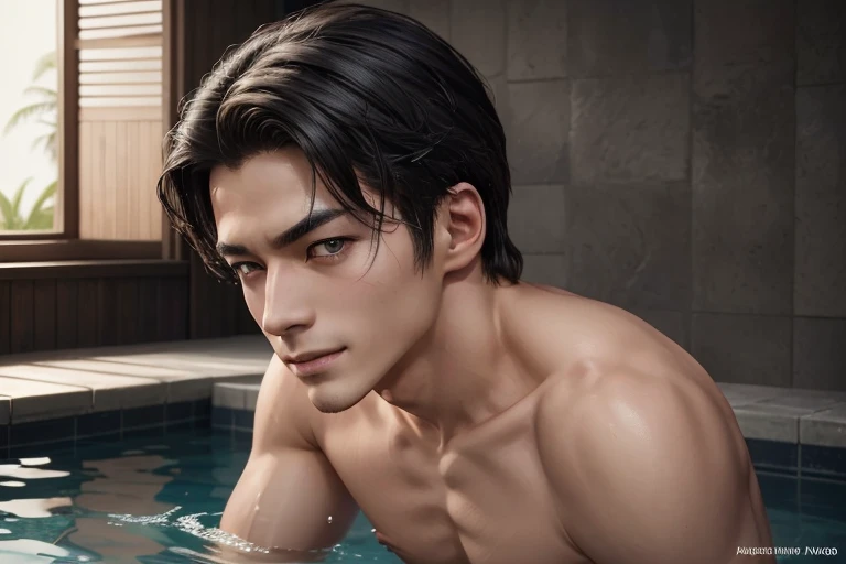 A tropical country with strong sunlight and good weather　 pool　裸の男性が2人でアナル with a penis　 two men　 having sex,    captivating gaze  ,   Green Eyes,  (8k,    high res ,    high-precision graphics  , ,     super real  ,   top quality :1.2) ,    sees your eyes...