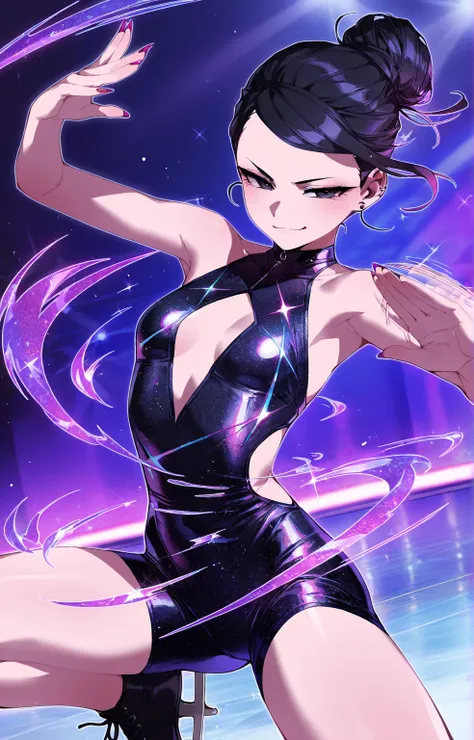 (sfw:1.5), gyaru, cool beauty, solo girl ,winged glitter black costume, figure_skating, black hair, single hair bun, slender, small breast, serious, smug, jump, afterimage, perspective