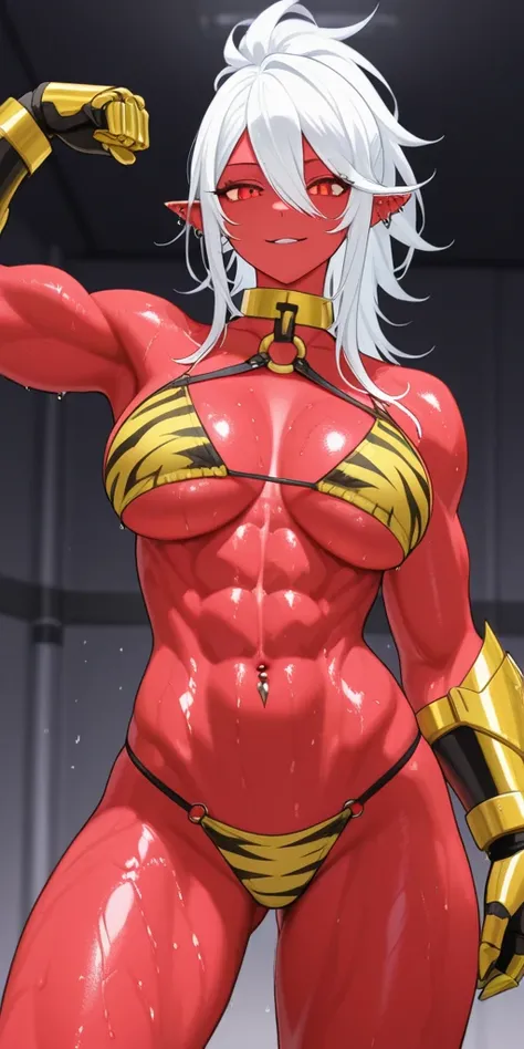 This image depicts Akumi (yoclesh) glowing red eyes, long white hair that falls between her eyes, and pointy ears. She has red skin, a toned body with defined abs, and large breasts. Wearing a yellow tiger-print string bikini with an O-Ring top, she also s...