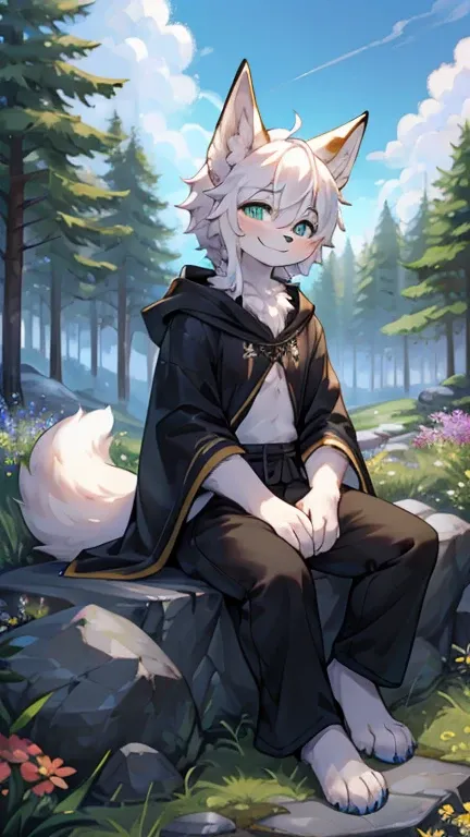 male,  furry,  full body fur,  furry尾巴, digital painting, a fox, an orc, ( White hair :1.0),  Black Robe ,  long pants,  sitting on the stone, Holding a staff, Relaxed posture, cute, Smile, forest,  flowers and herbs,  Blue Sky and White Clouds 