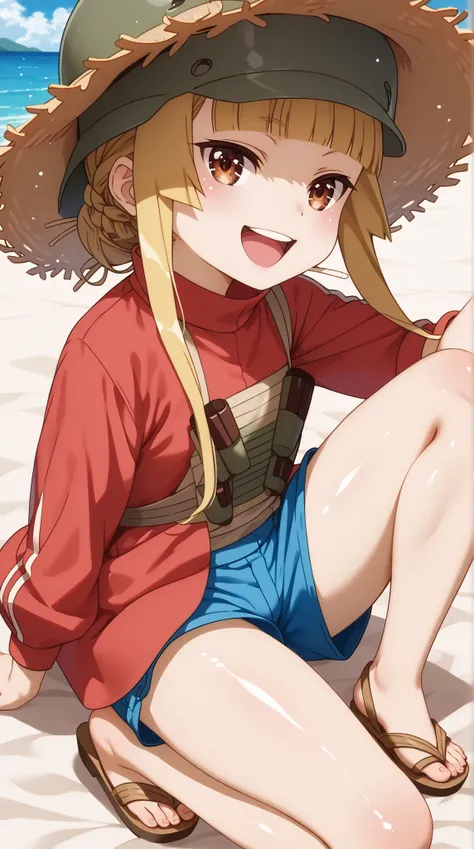 (UHD, retina, masterpiece, accurate, anatomically correct, super detail, high details,  highres, 1080P, 16k、high detail RAW color art:1.3)、 (fukaziroh :1.3), blonde hair, brown eyes, braid, hair bun, single hair bun, helmet、(very flat chest:1.5)、(Shiny ski...