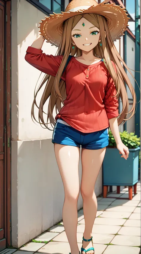 (UHD, retina, masterpiece, accurate, anatomically correct, super detail, high details,  highres, 1080P, 16k、high detail RAW color art:1.3)、(Kirie Konami ai:1.3)、(brown hair,long hair,forehead、green eyes:1.5)、(Shiny skin:1.3)、(straw hat、Red shirt, blue shor...