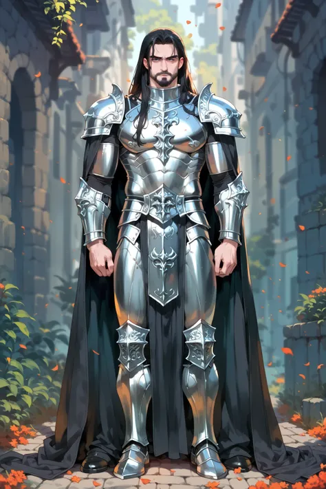 (((2D artwork image:1.4))),a tall strong man, (((pale skin:1.5))),look of evil,black eyes, long hair, black hair, beard, leather armor, black armor,((sauron style armor:1.2)),(perfect anatomy:9.9),super masculine and super epic armor,(((black armor metal:1...