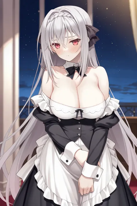 NSFW, Masterpiece, top quality, high res, very detailed, Sakurakouji Luna \(Tsuki ni yorisou otome no sahou\), gray hair, long hair, red eyes, maid outfit, off shoulder , long skirt , Bbo~