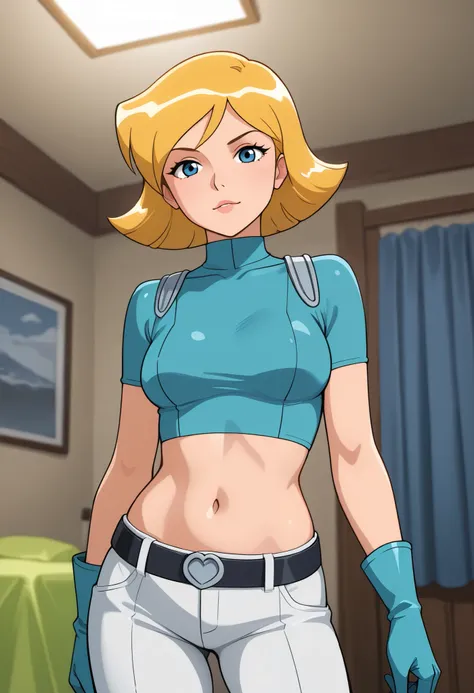 masterpiece, best quality, good quality, 1girl, solo, cartoon, totally_spies_2k24, cl0ver, blonde hair, blue eyes, sexy, medium breasts, beautiful, detailed, high detailed, very beautiful, detailed face, detailed eyes, detailed hand, abstract background, l...