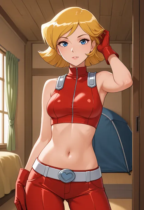 masterpiece, best quality, good quality, 1girl, solo, cartoon, totally_spies_2k24, cl0ver, blonde hair, blue eyes, sexy, medium breasts, beautiful, detailed, high detailed, very beautiful, detailed face, detailed eyes, detailed hand, abstract background, l...