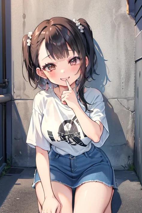 (8K、 highest quality、 highest quality、 masterpiece)、 detailed face 、A girl、  black hair、 short hair、 twin tails、 blunt fringe、  gray eyes、 smile maligna、(( smile))、 small breasts 、(( t-shirt))、((denim skirt))、 cowboy shot 、((crouching))、 alley background、 ...