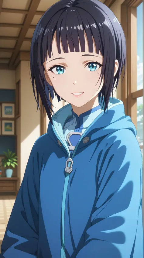 (UHD, retina, masterpiece, accurate, anatomically correct, super detail, high details,  highres, 1080P, 16k、high detail RAW color art:1.3)、 (sachi:1.3)、(short hair, blue eyes, dark hair, mole, mole under eye, bangs, blunt bangs:1.3)、(Shiny skin:1.3)、(ONEPI...