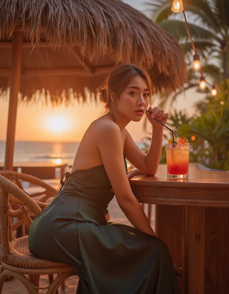 elegance woman at a tropical beach bar under the decorative lights near sunset, cocktail glass,