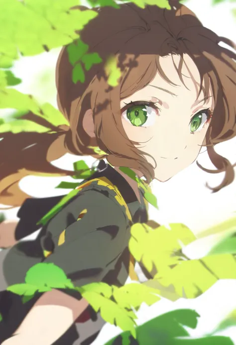 1 Girl, brown angled ponytail , green eyes