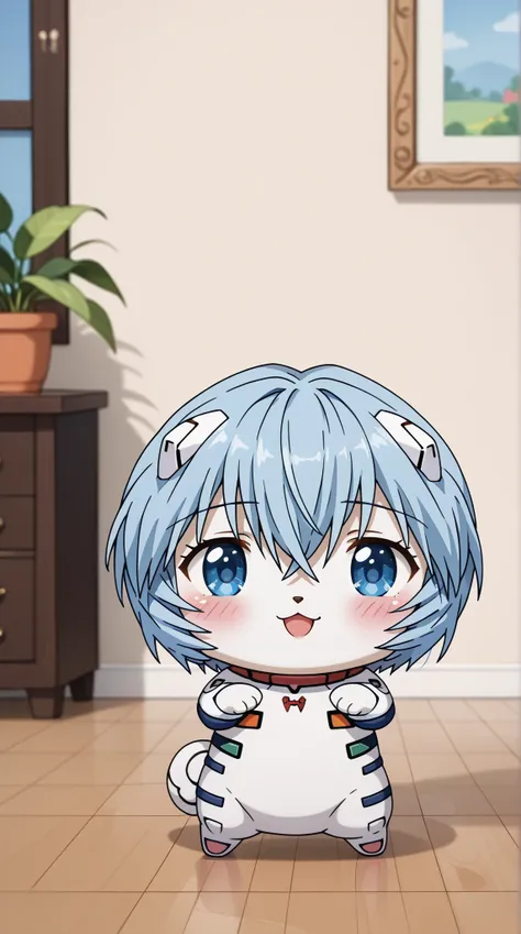 (UHD, retina, masterpiece, accurate, anatomically correct, super detail, high details,  highres, 1080P, 16k、high detail RAW color art:1.3)、 (Ayanami Rei:1.3)、short hair、light blue hair、(Shiny skin:1.3)、(cinnamonroll, blue eyes, white body, furry, chibi, fe...