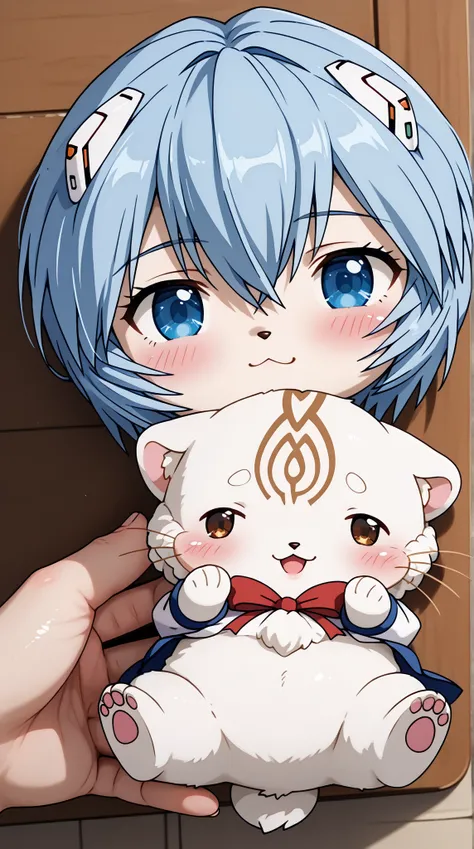 (UHD, retina, masterpiece, accurate, anatomically correct, super detail, high details,  highres, 1080P, 16k、high detail RAW color art:1.3)、 (Ayanami Rei:1.3)、short hair、light blue hair、(Shiny skin:1.3)、(cinnamonroll, blue eyes, white body, furry, chibi, fe...