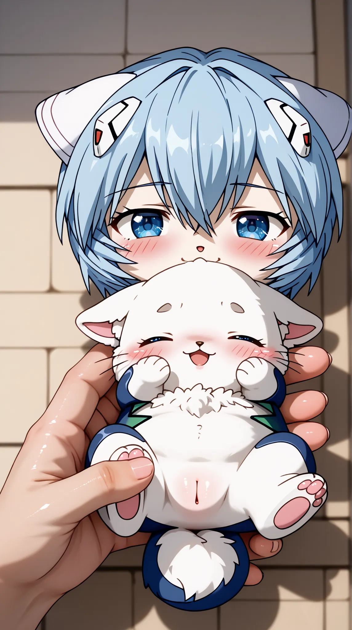 (UHD, retina, masterpiece, accurate, anatomically correct, super detail, high details,  highres, 1080P, 16k、high detail RAW color art:1.3)、 (Ayanami Rei:1.3)、short hair、light blue hair、(Shiny skin:1.3)、(cinnamonroll, blue eyes, white body, furry, chibi, fe...